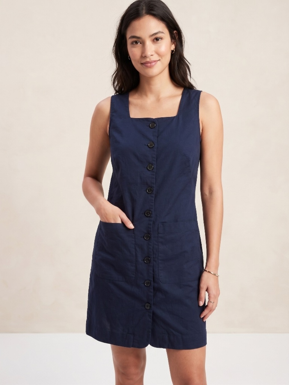 Banana Republic Linen Blend Square Neck Button Front Mini Dress Navy M